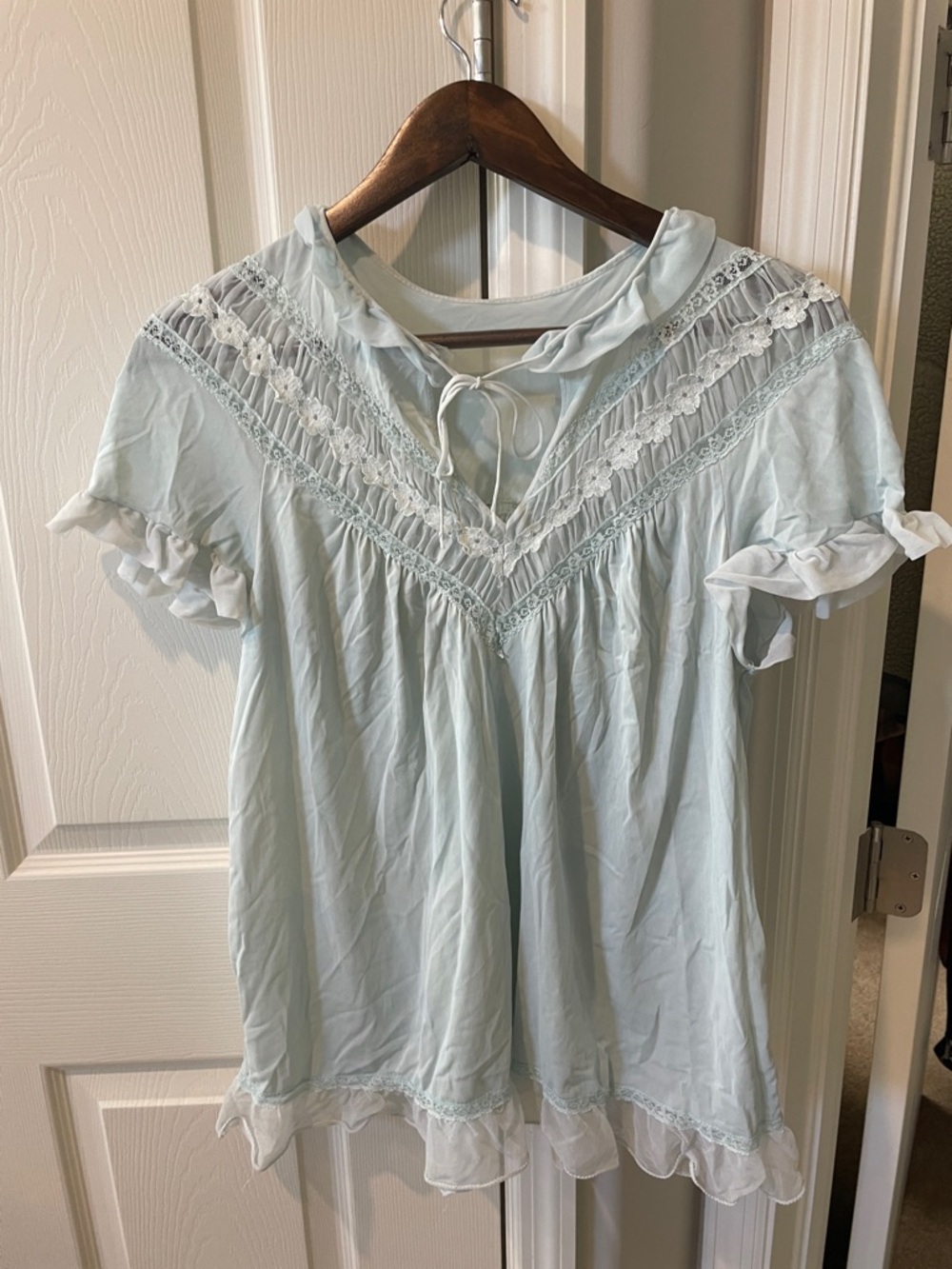 Vintage Light Blue Lace Yoke Ruffle Sleeve Women's tradition pajama